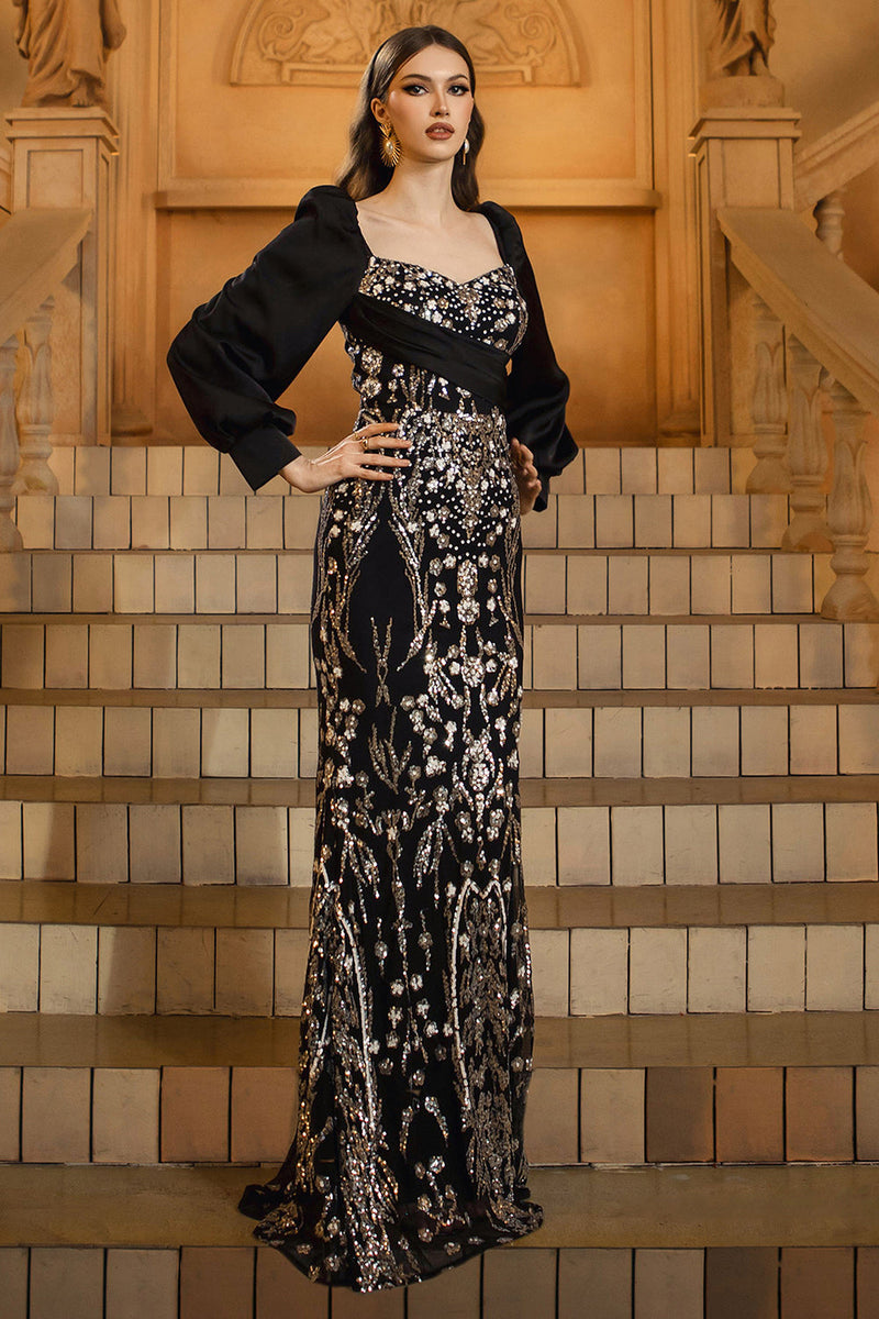 Load image into Gallery viewer, Sparkly Black Golden Sequins Mermaid Long Sleeves Mother of the Bride Dress with Beading