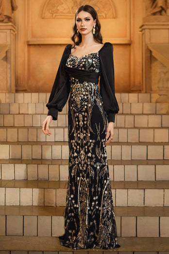Sparkly Black Golden Sequins Mermaid Long Sleeves Mother of the Bride Dress with Beading