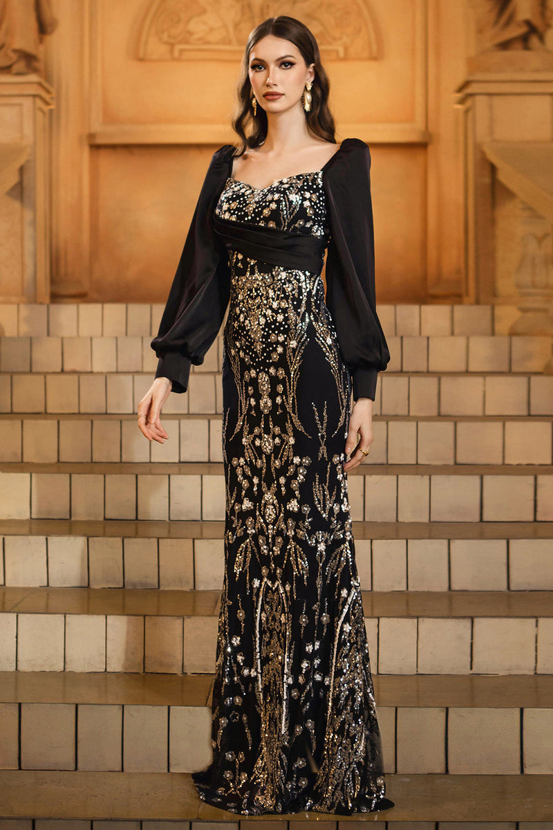 Load image into Gallery viewer, Sparkly Black Golden Sequins Mermaid Long Sleeves Mother of the Bride Dress with Beading