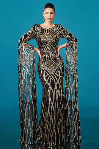 Sparkly Black Golden Boat Neck Mermaid Long Sleeves Mother of the Bride Dress with Cape