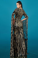 Load image into Gallery viewer, Sparkly Black Golden Boat Neck Mermaid Long Sleeves Mother of the Bride Dress with Cape