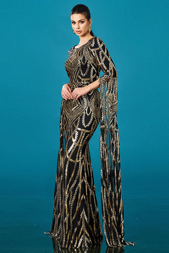 Sparkly Black Golden Boat Neck Mermaid Long Sleeves Mother of the Bride Dress with Cape