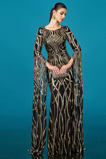 Sparkly Black Golden Boat Neck Mermaid Long Sleeves Mother of the Bride Dress with Cape