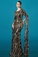 Load image into Gallery viewer, Sparkly Black Golden Boat Neck Mermaid Long Sleeves Mother of the Bride Dress with Cape
