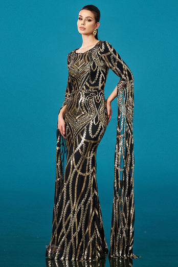 Sparkly Black Golden Boat Neck Mermaid Long Sleeves Mother of the Bride Dress with Cape