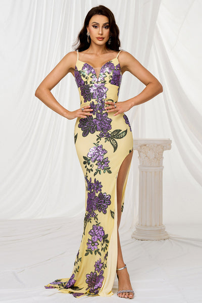 Floral Sparkly Yellow Mermaid Sequins Long Prom Dress with Slit
