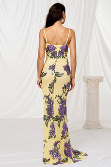Floral Sparkly Yellow Mermaid Sequins Long Prom Dress with Slit