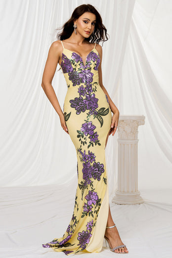 Floral Sparkly Yellow Mermaid Sequins Long Prom Dress with Slit