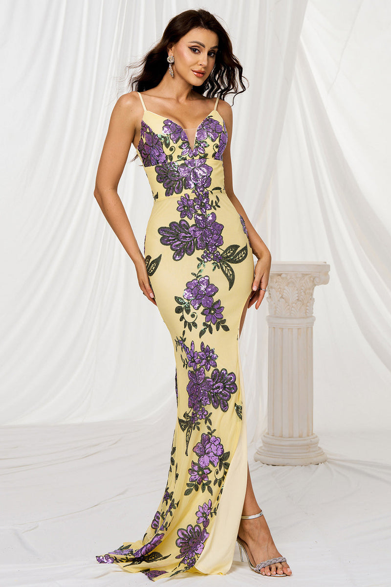 Load image into Gallery viewer, Floral Sparkly Yellow Mermaid Sequins Long Prom Dress with Slit
