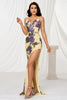 Load image into Gallery viewer, Floral Sparkly Yellow Mermaid Sequins Long Prom Dress with Slit