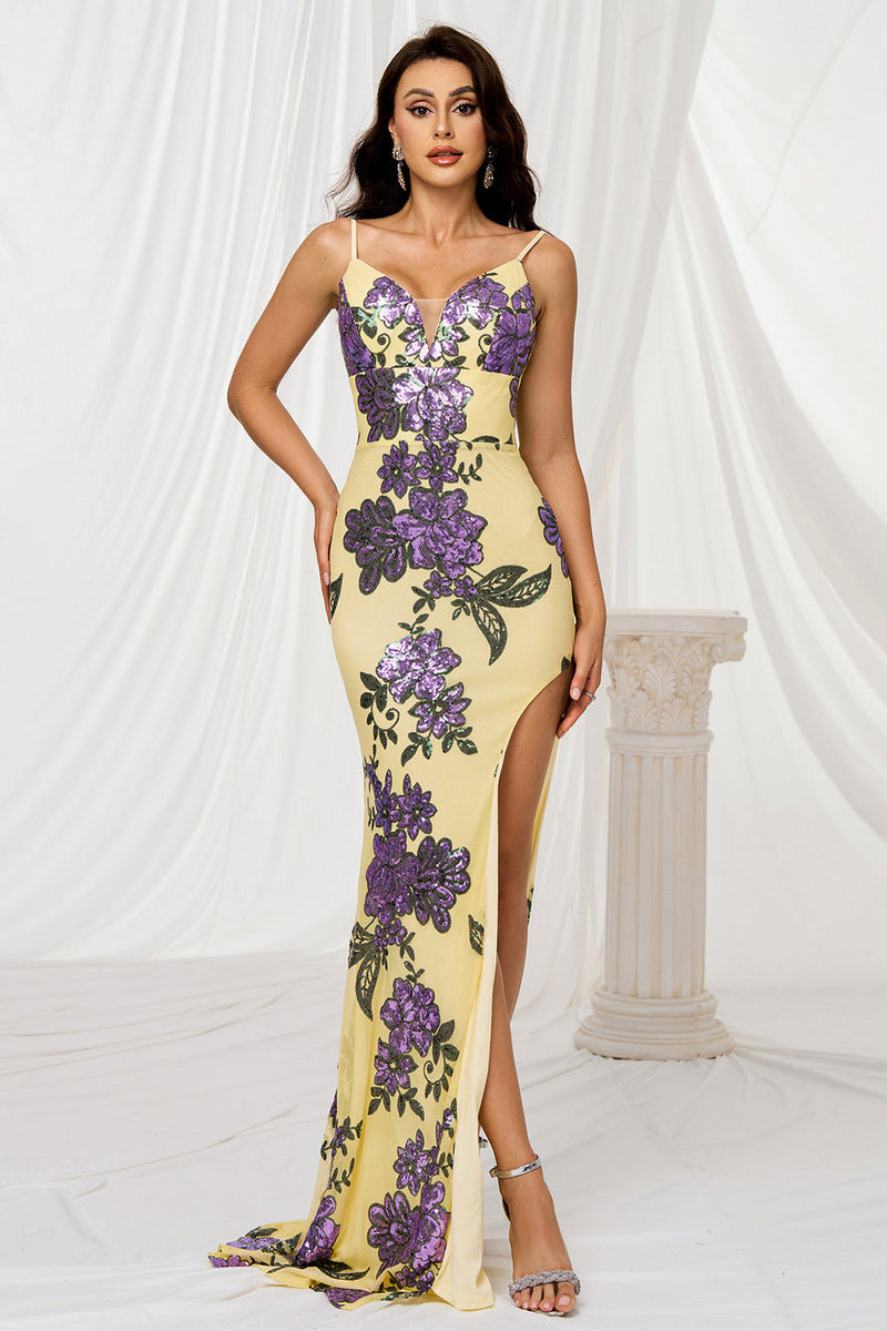Load image into Gallery viewer, Floral Sparkly Yellow Mermaid Sequins Long Prom Dress with Slit