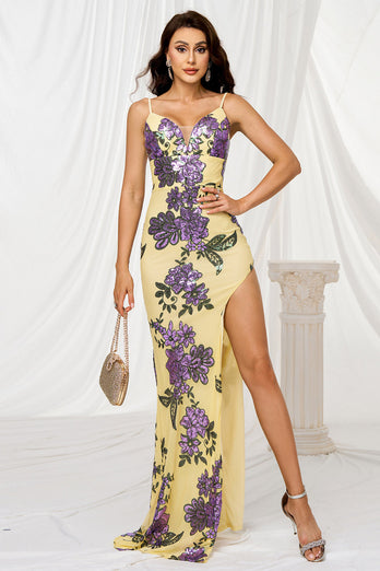 Floral Sparkly Yellow Mermaid Sequins Long Prom Dress with Slit