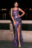 Load image into Gallery viewer, Sparkly Floral Purple Scoop Neck Mermaid Long Prom Dress with Slit