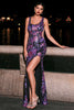 Load image into Gallery viewer, Sparkly Floral Purple Scoop Neck Mermaid Long Prom Dress with Slit