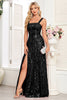 Load image into Gallery viewer, Sparkly Floral Black A Line Sequin Thick Straps Long Prom Dress with Slit