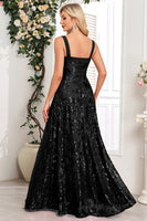 Load image into Gallery viewer, Sparkly Floral Black A Line Sequin Thick Straps Long Prom Dress with Slit