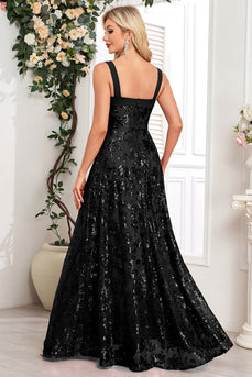 Sparkly Floral Black A Line Sequin Thick Straps Long Prom Dress with Slit