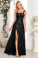 Load image into Gallery viewer, Sparkly Floral Black A Line Sequin Thick Straps Long Prom Dress with Slit