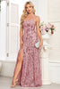 Load image into Gallery viewer, Sparkly Floral Black A Line Sequin Thick Straps Long Prom Dress with Slit