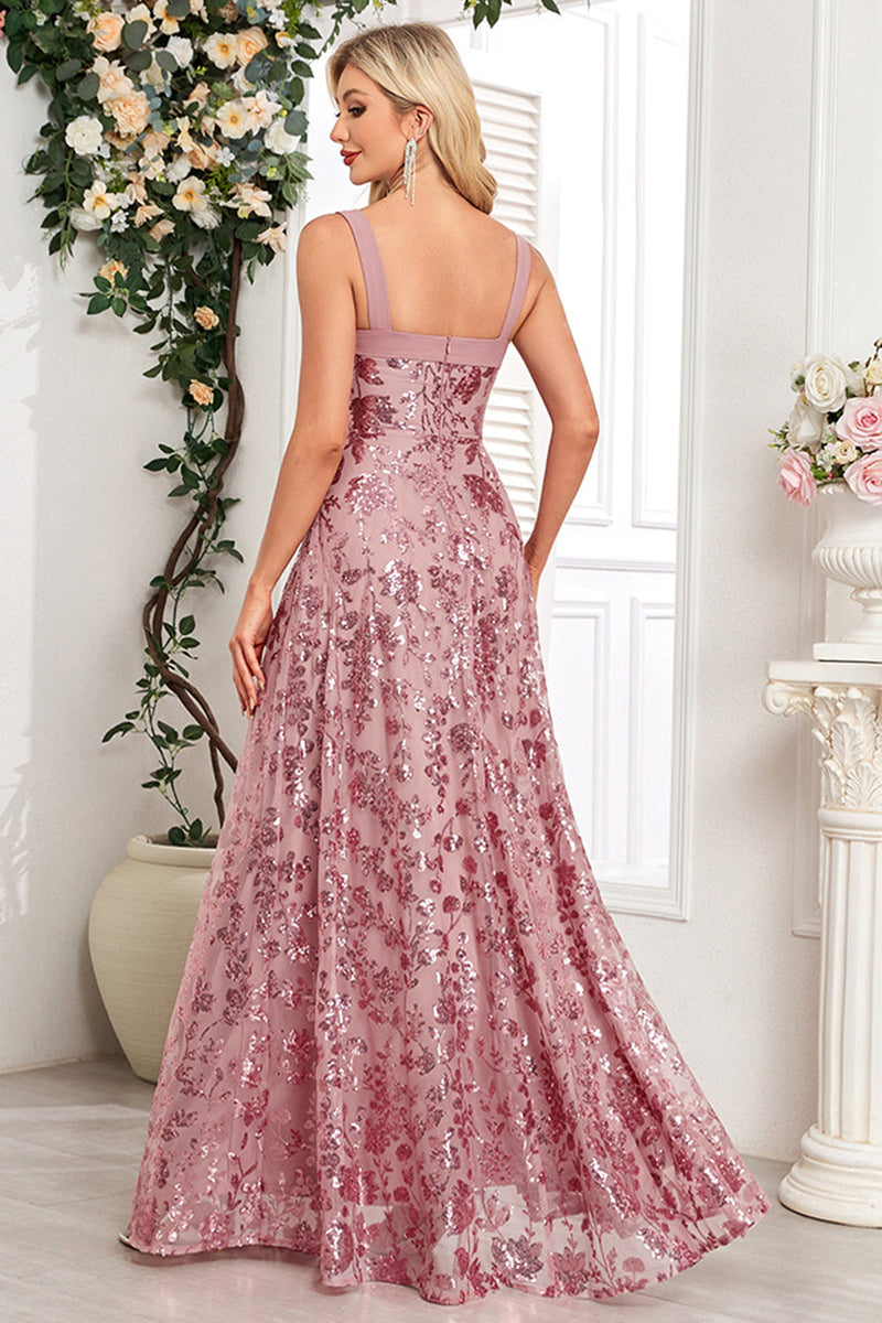 Load image into Gallery viewer, Sparkly Floral Black A Line Sequin Thick Straps Long Prom Dress with Slit