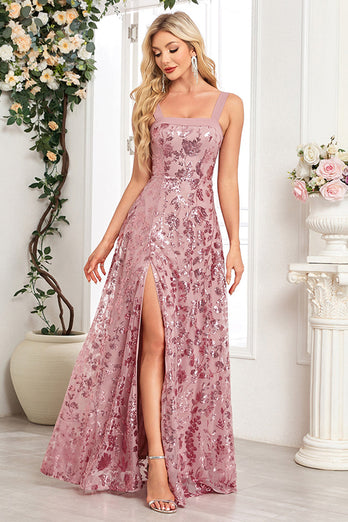 Sparkly Floral Black A Line Sequin Thick Straps Long Prom Dress with Slit