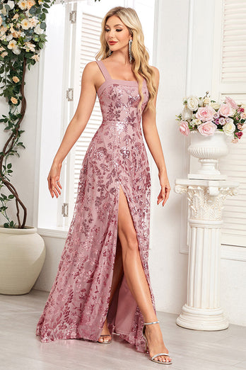 Sparkly Floral Black A Line Sequin Thick Straps Long Prom Dress with Slit