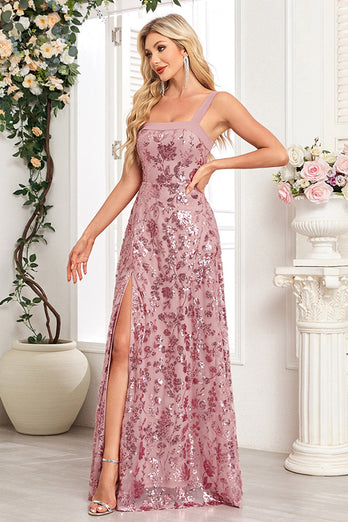 Sparkly Floral Black A Line Sequin Thick Straps Long Prom Dress with Slit