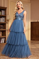Load image into Gallery viewer, Grey Blue A Line Tulle V-Neck Tiered Long Prom Dress with Ruffles