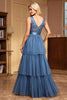 Load image into Gallery viewer, Grey Blue A Line Tulle V-Neck Tiered Long Prom Dress with Ruffles