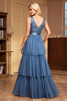 Grey Blue A Line Tulle V-Neck Tiered Long Prom Dress with Ruffles
