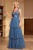 Load image into Gallery viewer, Grey Blue A Line Tulle V-Neck Tiered Long Prom Dress with Ruffles
