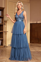 Load image into Gallery viewer, Grey Blue A Line Tulle V-Neck Tiered Long Prom Dress with Ruffles
