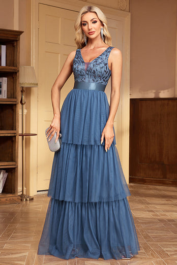 Grey Blue A Line Tulle V-Neck Tiered Long Prom Dress with Ruffles