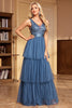 Load image into Gallery viewer, Grey Blue A Line Tulle V-Neck Tiered Long Prom Dress with Ruffles