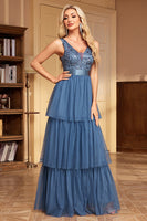 Load image into Gallery viewer, Grey Blue A Line Tulle V-Neck Tiered Long Prom Dress with Ruffles