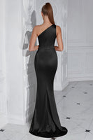 Load image into Gallery viewer, Burgundy Mermaid Ruched Satin One Shoulder Long Prom Dress with Slit