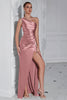 Load image into Gallery viewer, Burgundy Mermaid Ruched Satin One Shoulder Long Prom Dress with Slit