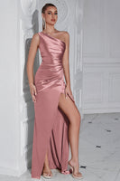 Load image into Gallery viewer, Burgundy Mermaid Ruched Satin One Shoulder Long Prom Dress with Slit