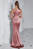Load image into Gallery viewer, Burgundy Mermaid Ruched Satin One Shoulder Long Prom Dress with Slit