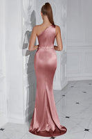Load image into Gallery viewer, Burgundy Mermaid Ruched Satin One Shoulder Long Prom Dress with Slit