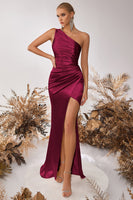 Load image into Gallery viewer, Burgundy Mermaid Ruched Satin One Shoulder Long Prom Dress with Slit