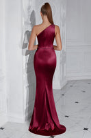 Load image into Gallery viewer, Burgundy Mermaid Ruched Satin One Shoulder Long Prom Dress with Slit