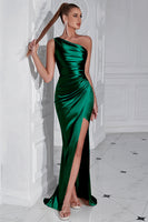 Load image into Gallery viewer, Burgundy Mermaid Ruched Satin One Shoulder Long Prom Dress with Slit