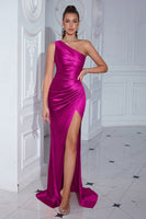 Load image into Gallery viewer, Burgundy Mermaid Ruched Satin One Shoulder Long Prom Dress with Slit