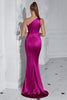 Load image into Gallery viewer, Burgundy Mermaid Ruched Satin One Shoulder Long Prom Dress with Slit