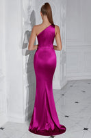 Load image into Gallery viewer, Burgundy Mermaid Ruched Satin One Shoulder Long Prom Dress with Slit