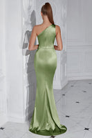 Load image into Gallery viewer, Burgundy Mermaid Ruched Satin One Shoulder Long Prom Dress with Slit