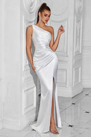 Load image into Gallery viewer, Burgundy Mermaid Ruched Satin One Shoulder Long Prom Dress with Slit