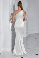 Load image into Gallery viewer, Burgundy Mermaid Ruched Satin One Shoulder Long Prom Dress with Slit