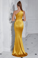 Load image into Gallery viewer, Burgundy Mermaid Ruched Satin One Shoulder Long Prom Dress with Slit